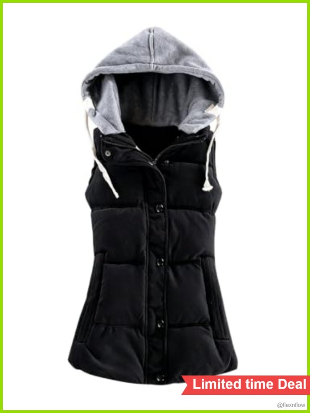 Women Sleeveless Puffer Vest Quilted Winter Gilet Detachable Hood Zip-up